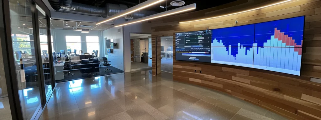 a sleek, modern office space with a large digital screen displaying real-time data analytics, showcasing how sem strategies propel a business forward.